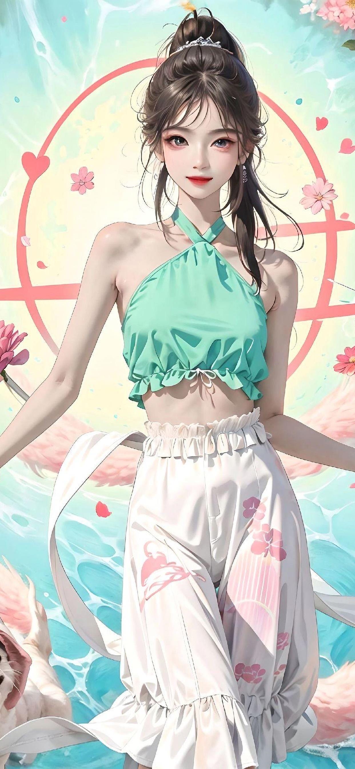 漫蛙官方主视觉：绿色上衣女孩与花卉背景插画
