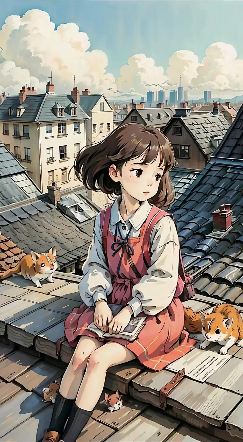 漫蛙官方新手选书配图：坐在屋顶的女孩和猫咪插画
